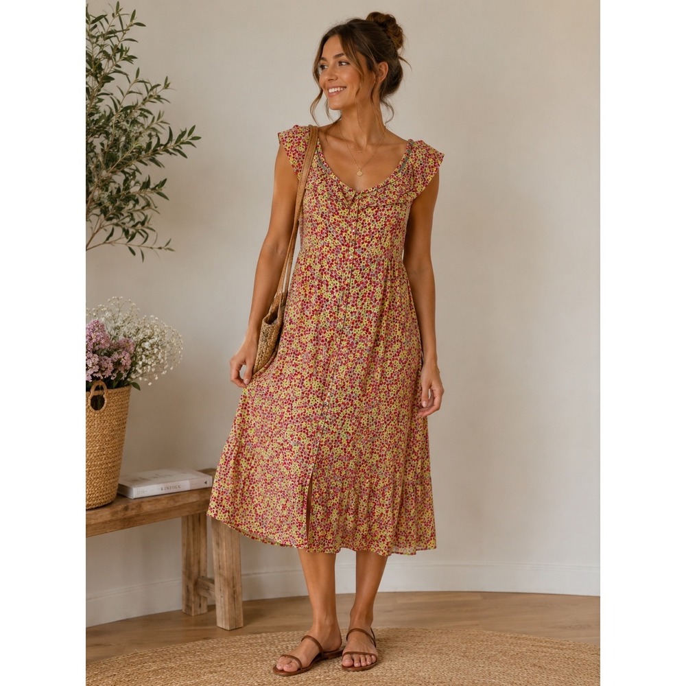 Dress Forum Floral Maxi Dress Yellow Pink Ruffle Button Front Smocked Back S